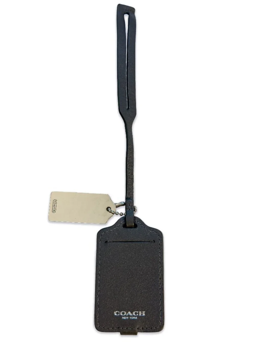Coach Grey Leather Luggage Bag Tag with Metal Coach Keychain Tag